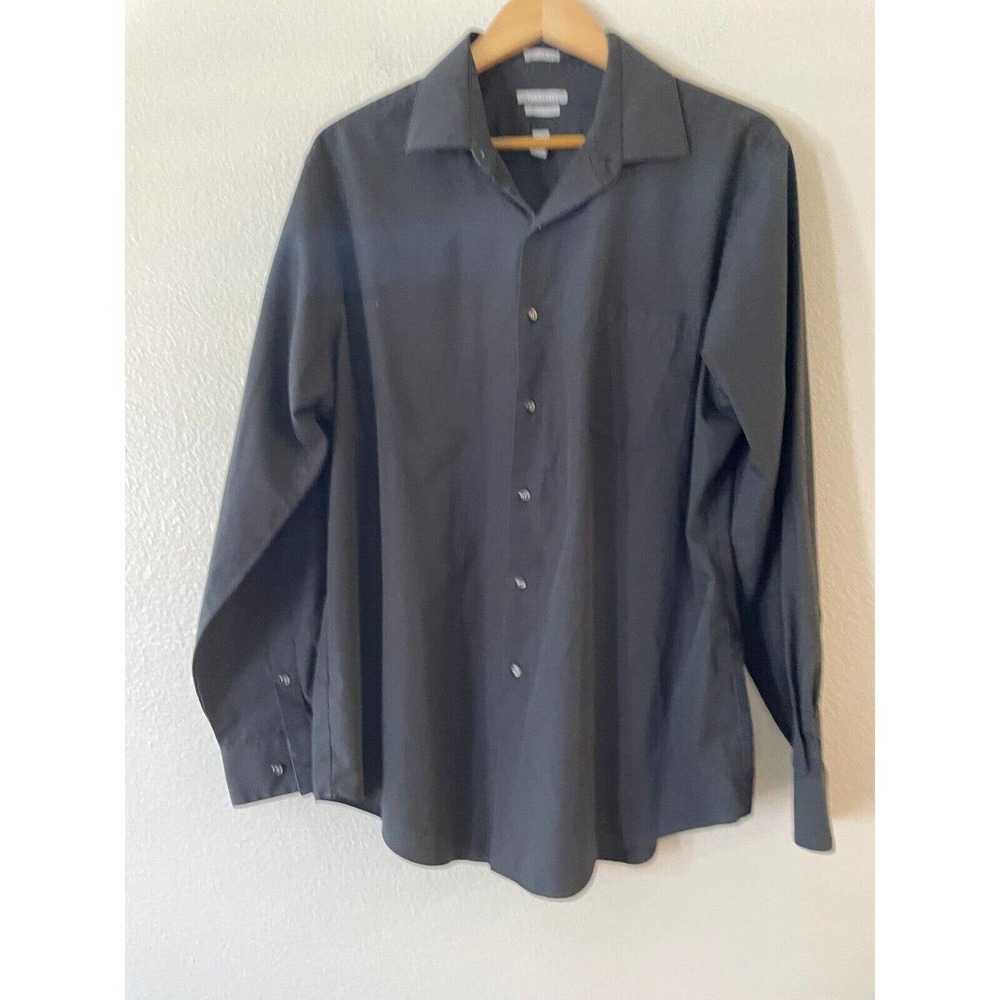 Van Heusen Sz 17 Mens Fitted Poplin Button Up Shirt Wrinkle Free Long Sleeve